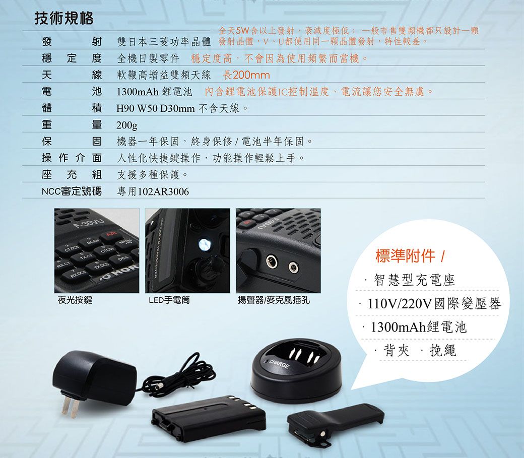 全5W含以上射衰減極低; 一般市售雙頻機都只設計雙日本三菱功率晶體 發射晶體,V、U都使用同一顆晶體發射,特性較差。技術規格射定 度 全機日製零件 穩定度高,不會因為使用頻繁而當機。發穩天線 軟鞭高增益雙頻天線 長200mm池1300mAh 鋰電池內含鋰電池保護IC控制溫度、電流讓您安全無虞。積 H90 W50 D30mm 不含天線。量200gp固操作介面座充組NCC審定號碼專用102AR3006機器一年保固,終身保修/電池半年保固。人性化快捷鍵操作,功能操作輕鬆上手。支援多種保護。F-30VU夜光按鍵LED手電筒揚聲器/麥克風插孔CHARGE標準附件/智慧型充電座110V/220V國際變壓器1300mAh鋰電池·背夾 挽繩