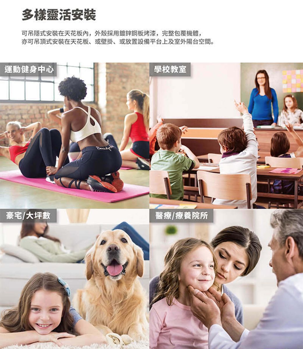 多樣靈活安裝可吊隱式安裝在天花板內,外殼採用鍍鋅鋼板烤漆,完整包覆機體,亦可吊頂式安裝在天花板、或壁掛、或放置設備平台上及室外陽台空間。運動健身中心豪宅/大坪數學校教室醫療/療養院所
