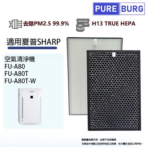 SHARP 夏普 適用  FU-A80 FU-A80T FU-A80T-W 空氣清淨機 HEPA替換濾網濾芯+活性碳組