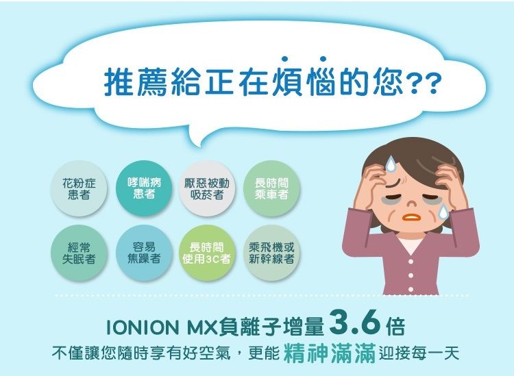 推薦給正在煩惱的您??花粉症患哮喘病患者厭惡被動長時間吸菸者乘車者經常容易長時間乘飛機或失眠者焦躁者使用3C者新幹線者IONION MX負離子增量3.6倍不僅讓您隨時享有好空氣,更能精神滿滿迎接每一天