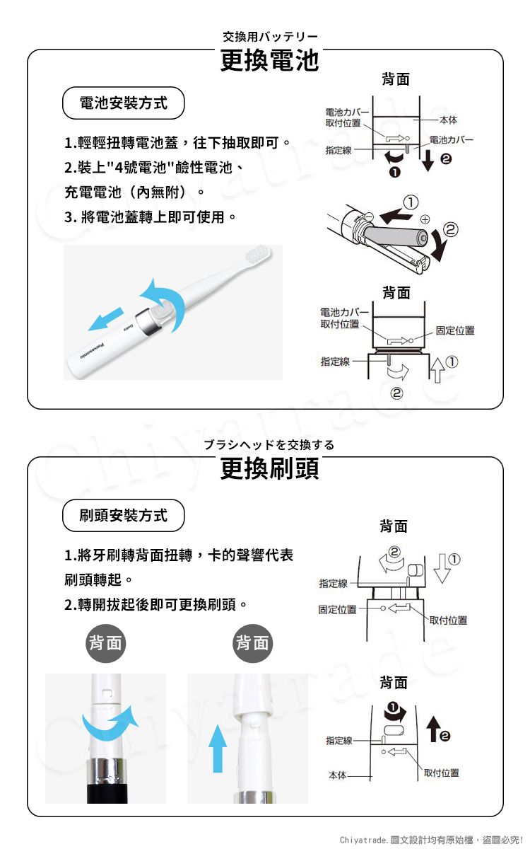 交換用更換電池 背面電池安裝方式電池力取付位置本体1.輕輕扭轉電池蓋,往下抽取即可電池力八一指定線2.裝上4號電池鹼性電池、充電電池(無附)。3. 將電池蓋轉上即可使用。背面電池力八一取付位置指定線ブラシヘッドを交換する刷頭安裝方式更換刷頭1.將牙刷轉背面扭轉,卡的聲響代表背面固定位置刷頭轉起。指定線2.轉開拔起後即可更換刷頭。固定位置取付位置背面背面背面指定線。本体`取付位置Chiyatrade. 圖文設計均有原始檔,盜圖必究!