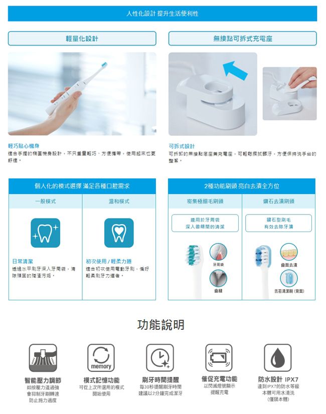 貼心機人性化提升生活便利性化設計拆式可拆式設計身設計量輕巧方便使用起來也更可拆卸無接點充電座,可輕,方便保持個人化的模式選擇滿足各種口腔需求2種功能頭 亮白全方位一般模式溫和模式密集極細毛刷頭鑽石刷頭適用於的清鑽石型刷毛有效去除牙日常清潔初次使用/輕柔力牙周齒面去漬透過水平深入牙周袋,清除頑固的殘渣污垢適合初次使用電動牙刷,偏好輕柔刷牙力memory功能說明齒縫舌苔清潔刷(背面)智能壓力調節如按壓力道過強抑制牙刷轉速防止施力過度模式記憶功能可從上次所選用的模式開始使用刷牙時間提醒每30秒提醒刷牙時間建議以2分鐘完成潔牙催促充電功能以閃滅顯示提醒充電防水設計 IPX7達到IPX7的防水等级本體可用水清洗(僅限本體)