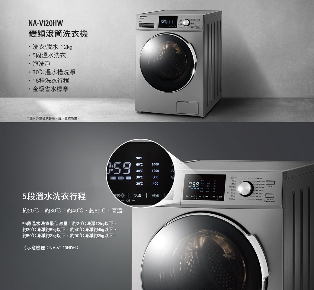 NA-V10HW變頻滾筒洗機洗衣/脫水12kg5段溫水洗衣泡洗淨30溫水槽洗淨16種洗衣行程·金級省水標章*圖片外觀僅供參考,請以實物為主。90596014004012003080020400衣 水溫 轉速5段溫水洗衣行程約20、約30℃、約40℃、約60℃、高溫*5段溫水洗衣最佳容量:約20℃洗淨12kg以下、約30℃洗淨約6kg以下、約40℃洗淨約4kg以下、約60℃洗淨約2kg以下、約90℃洗淨約2kg以下。示意機種:NA-V120HDH〉2