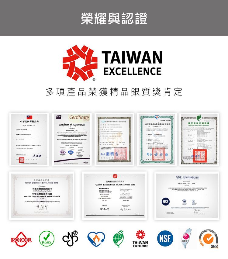 榮耀與認證AIWANEXCELLENCE多項產品榮獲銀肯定Certificate of Registration洪淑敏證書環保劉明忠局長質獎Taiwan    2012中空器    精品TAIWAN EXCELLENCE SILVER  NSFISOROHSTAIWANEXCELLENCENSF International  TNSE台灣 9001SGS