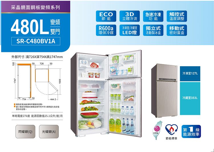 747采晶鏡面鋼板變頻系列480LSR-C480BV1AECO3D節能立體冷流急速冷凍功能觸控式溫調整變頻R600a冷凍室/冷藏室獨立式移動式環保冷媒LED燈活動製冰盒密封蛋盒外部尺寸:寬726X深754X高1747mm50 7265050754色,定值更多的空間。年耗電度276度 能源因25.1公升/度/月閃耀銀(Q) 光耀銀(A)1505節能標章冷凍室127L冷藏室353L 1 能源效率