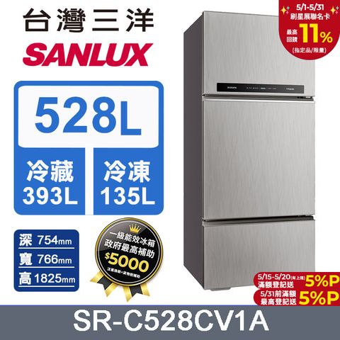 SANLUX台灣三洋 SR-C528CV1A 528L變頻三門冰箱 光耀銀
