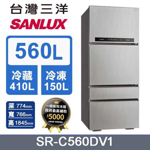 ◤台灣生產製造◢【台灣三洋Sanlux】560公升一級能效采晶玻璃四門變頻電冰箱 SR-C560DV1