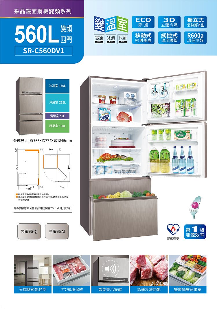 變頻變溫室ECO節能3D立體冷流獨立式活動製冰盒移動式|微凍 冰溫保鮮密封蛋盒觸控式溫度調整R600a環保冷媒采晶鏡面鋼板變頻系列560LSR-C560DV冷凍室 150L冷藏室 225L變溫室 65L蔬果室 120L外部尺寸:寬766X深774X高1845mm5076650774- 501215 時所需散熱空間。『最小空間會而不同,請預留比值更多的空間。年耗電度312度 能源因數值26.0公升/度/月 1 閃耀銀(Q)光耀銀(A)能源效率節能標章光感應節能控制-7°C微凍保鮮智能警示提醒急速冷凍功能雙層抽屜蔬果室