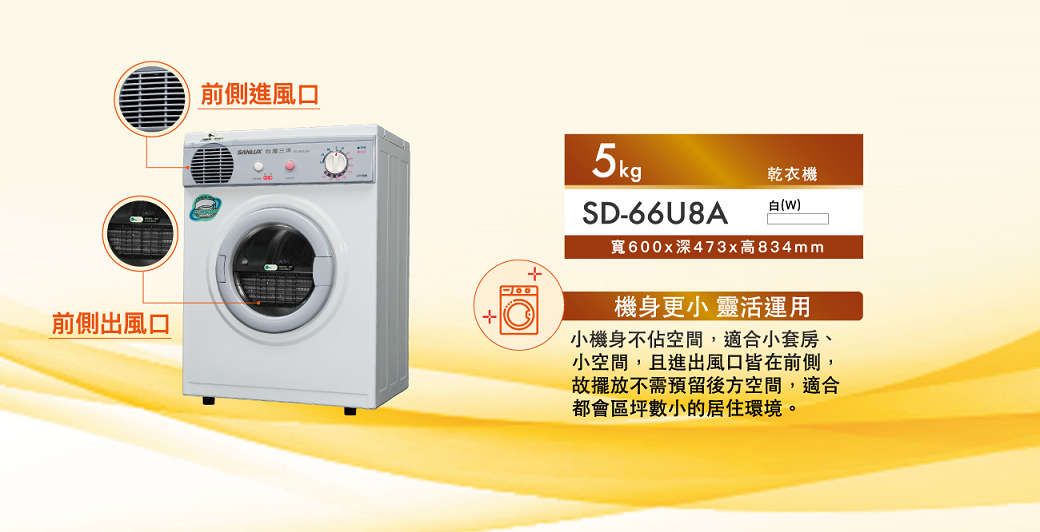 前側進風口前側出風口5kgSD-66U8A乾衣機W)寬600x深473x高834mm機身更小 靈活運用小機身不佔空間,適合小套房、小空間,且進出風口皆在前側,故擺放不需預留後方空間,適合都會區坪數小的居住環境。