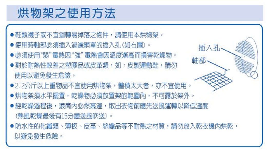 物架之使用方法鞋類襪子或不宜迴轉易掉落之物件,請使用本烘物架使用時軸部必須插入過濾網罩的插入孔(如右圖)。必須使用“弱”電熱因“強”電熱會因溫度漸高而損害乾燥物。對於耐熱性較差之塑膠品或皮革類,如:皮製運動鞋,請勿使用以避免發生危險。2.2公斤以上重物品不宜使用烘物架,體積太大者,亦不宜使用。插入孔軸部。烘物架須水平擺置,乾燥物必須放置架的範圍內,不可露於架外。經乾燥過程後,滾筒內必然高溫,取出衣物前應先送風運轉以降低溫度(熱風乾燥最後有15分鐘送風吹送)。防水性的化纖類、薄板、皮革、絲織品等不耐熱之材質,請勿放入乾衣機內烘乾,以避免發生危險。