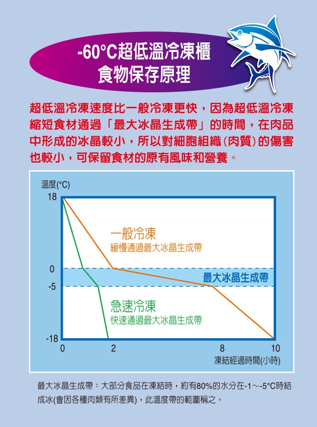 60超低溫冷凍櫃食物保存原理超低溫冷凍速度比一般冷凍更快,因為超低溫冷凍縮短食材通過「最大冰晶生成帶」的時間,在肉品中形成的冰晶較小,所以對細胞組織(肉質)的傷害也較小,可保留食材的原有風味和營養。溫度(°)180-5-一般冷凍緩慢通過最大冰晶生成帶最大冰晶生成帶急速冷凍快速通過最大冰晶生成帶-1802810凍結經過時間(小時)最大冰晶生成帶:大部分食品在凍結時,約有80%的水分在-1~-5°C時結成冰(會因各種肉類有所差異),此溫度帶的範圍稱之。