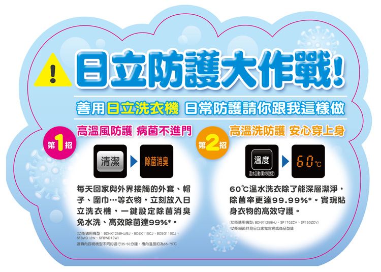 防護大作戰!善用日立洗衣機 日常防護請你跟我這樣做高溫風防護 病菌不進門高溫洗防護 安心穿上身1招第 招清潔 除菌消臭溫度| 每天回家與外界接觸的外套帽子圍巾…等衣物立刻放入日立洗衣機,一鍵設定除菌消臭免水洗高效除菌達99%:、、運轉視不同約進行分鐘,溫度65-75溫水自動案設定60℃温水洗衣除了能深層潔淨,除菌率更達99.99%*。實現貼身衣物的高效守護。(功能機型: )、、)*功能日立家電官或商品型錄