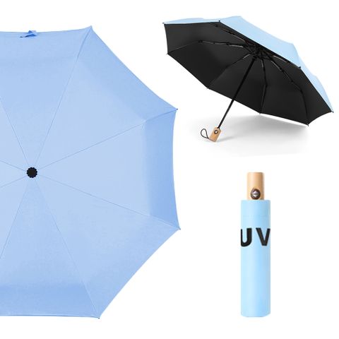 【幸福揚邑】降溫抗UV防風防撥水大傘面全自動開收木柄晴雨摺疊傘-淺藍一把好傘，值得擁有