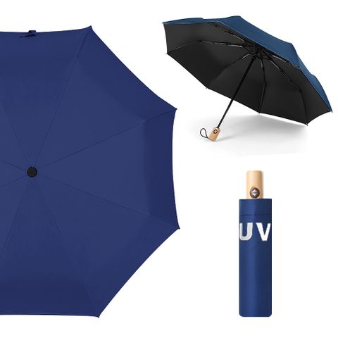 【幸福揚邑】降溫抗UV防風防撥水大傘面全自動開收木柄晴雨摺疊傘-深藍一把好傘，值得擁有