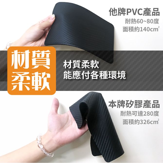 材質柔軟®他牌PVC產品耐熱60~80度面積約140cm²材質柔軟能應付各種環境\本牌矽膠產品耐熱可達280度面積約