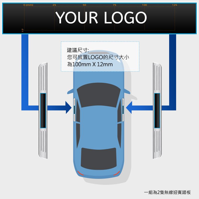 (mm)255075100125YOUR LOGO建議尺寸:您可放置LOGO的尺寸大小為100mm X 12mm一組為2隻無線迎賓踏板