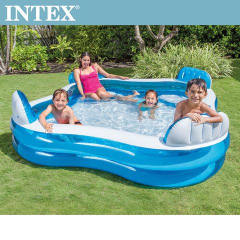 【INTEX】藍色透明有靠墊戲水游泳池229x229x66cm(990L)適用3歲+(56475N)