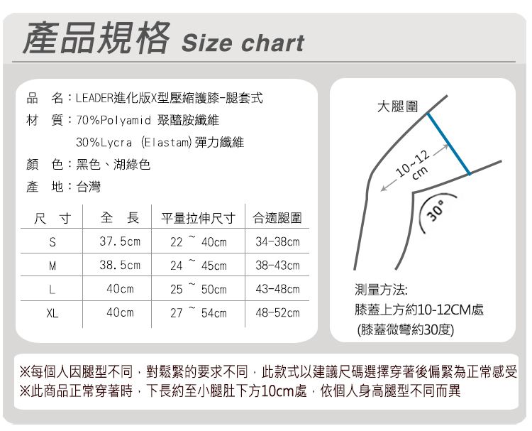 產品規格 ize chart品名:LEADER進化版X型壓縮護膝-腿套式大腿圍材質:70%Polyamid 聚醯胺纖維30%Lycra (Elastam) 彈力纖維顏色:黑色、湖綠色cm產地:台灣尺寸 全長 平量拉伸尺寸 合適腿圍30S37.5cm22  40cm34-38cmM38.5cm24 45cm38-43cmL40cm2550cm43-48cm測量方法:XL40cm27 54cm48-52cm膝蓋上方約10-12CM處(膝蓋微彎約30度)※每個人因腿型不同,對鬆緊的要求不同,此款式以建議尺碼選擇穿著後偏緊為正常感受※此商品正常穿著時,下長約至小腿肚下方10cm處,依個人身高腿型不同而異