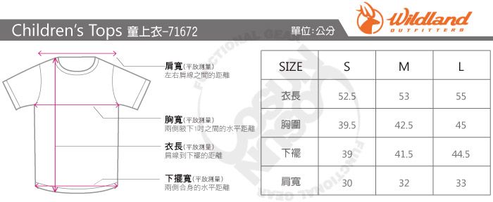 Childrens Tops 童上衣-71672單位:公分Wildland肩寬(平放測量)IZESM左右線之間的距離L衣長52.55355胸寬(平放測量)之間的水平距離胸圍39.542.545衣長(平放測量)扁線到的距離下襬41.544.5下擺寬(平放測量)兩側的水平距離肩寬303233