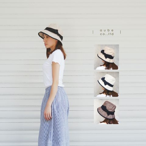 日本AUBE 配色蝴蝶結可折疊抗UV遮陽帽