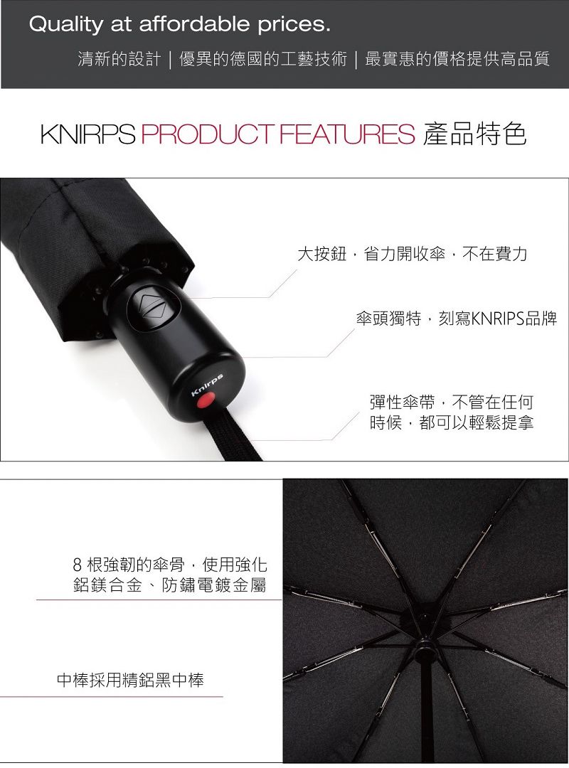 Quality at affordable prices.清新的設計  優異的德國的工藝技術 | 最實惠的價格提供高品質KNIRPS PRODUCT FEATURES 產品特色Knirps8根強韌的傘骨使用強化鋁鎂合金、防鏽電鍍金屬中棒採用精鋁黑中棒大按鈕,省力開收傘,不在費力傘頭獨特,刻寫KNRIPS品牌彈性傘帶,不管在任何時候,都可以輕鬆提拿