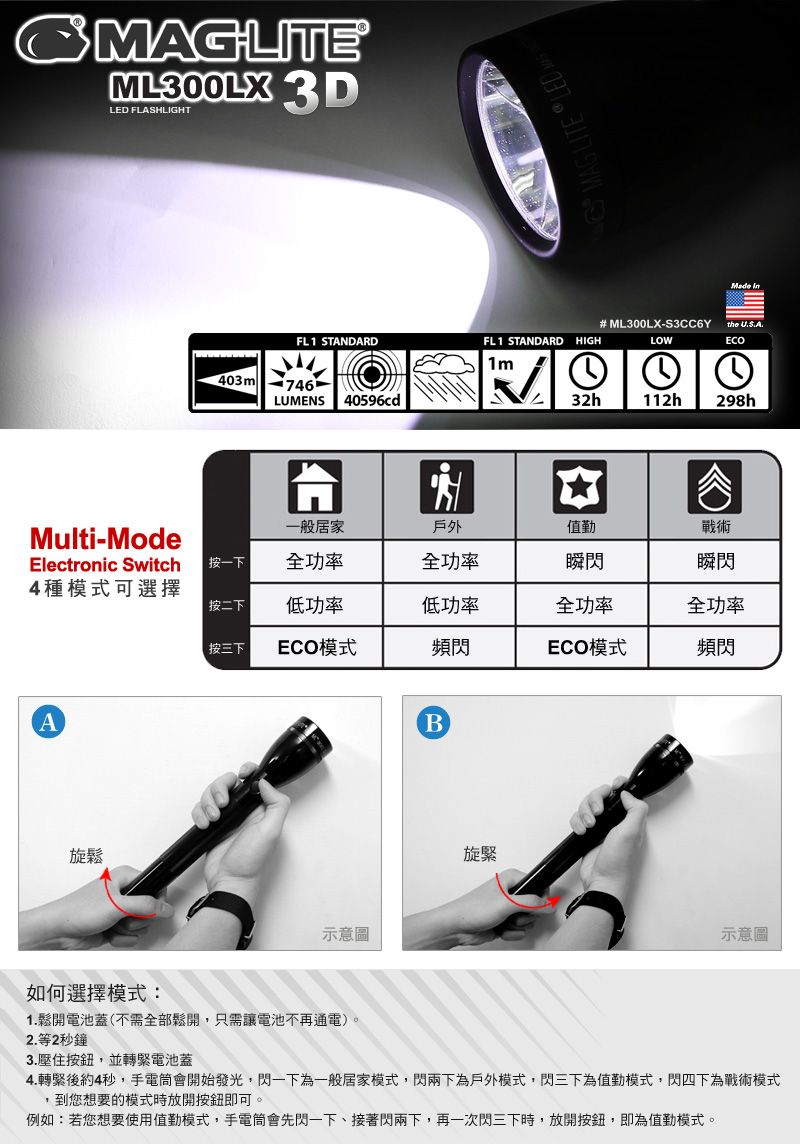 MAGLITE® ML300LX™ 3-Cell D LED Flashlight 手電筒-黑色- PChome