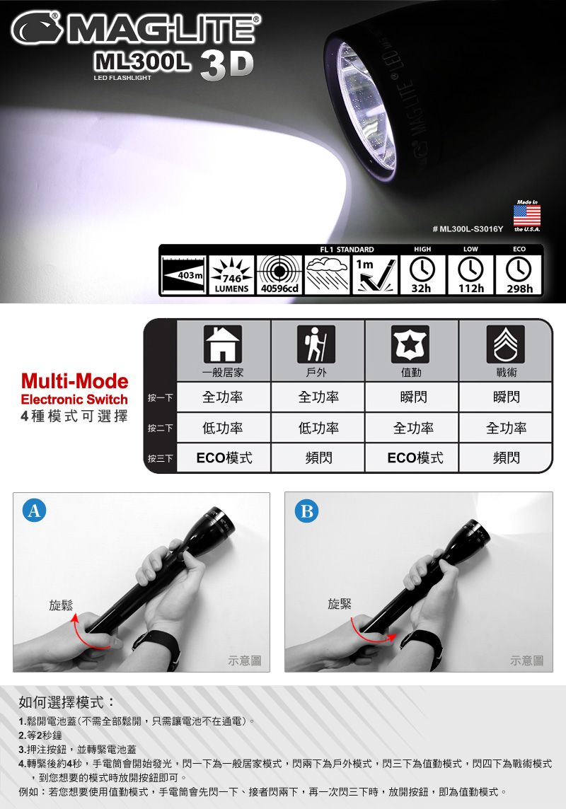 MAGLITE® ML300L™ 3-Cell D LED Flashlight 手電筒-黑色- PChome