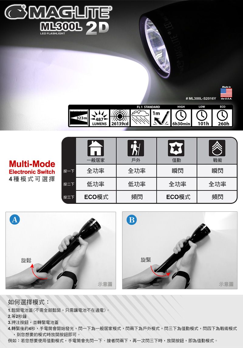 MAGLITE® ML300L™ 2-Cell D LED Flashlight 手電筒-黑色- PChome