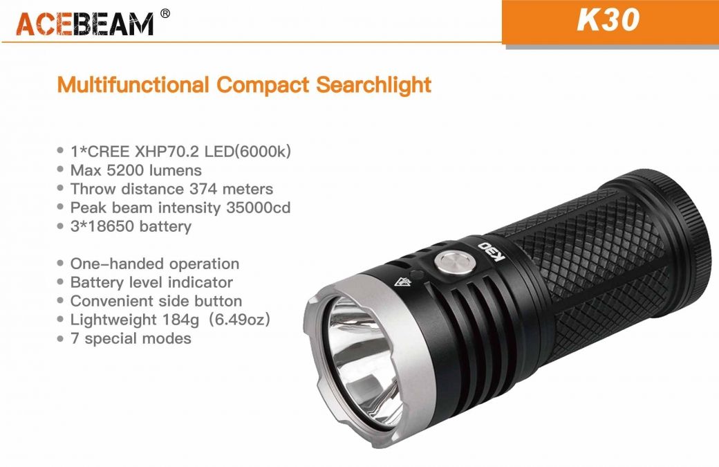 ACEBEAM K30 5200流明XHP70.2 LED 二代搜索型戶外強光手電筒- PChome