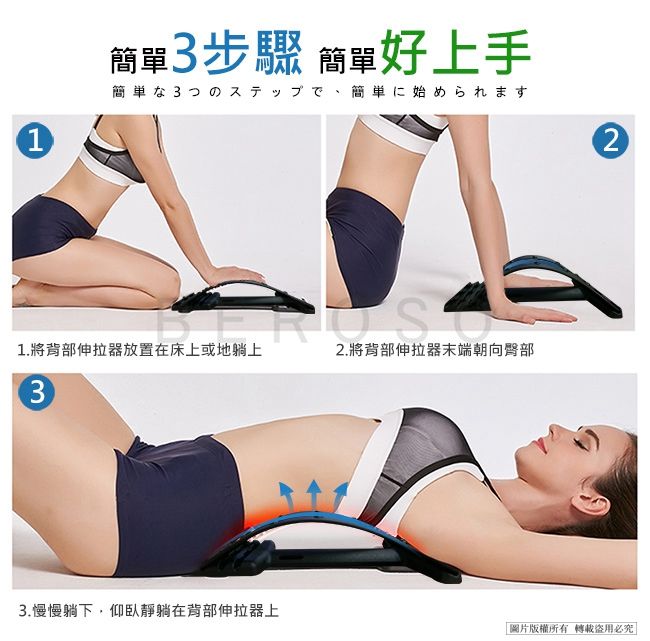 簡單3步驟 簡單好上手簡単な3つのステップで、簡単に始められます121.將背部伸拉器放置在床上或地躺上2.將背部伸拉器末端朝向臀部33.慢慢躺下,仰臥靜躺在背部伸拉器上圖片版權所有轉載必究