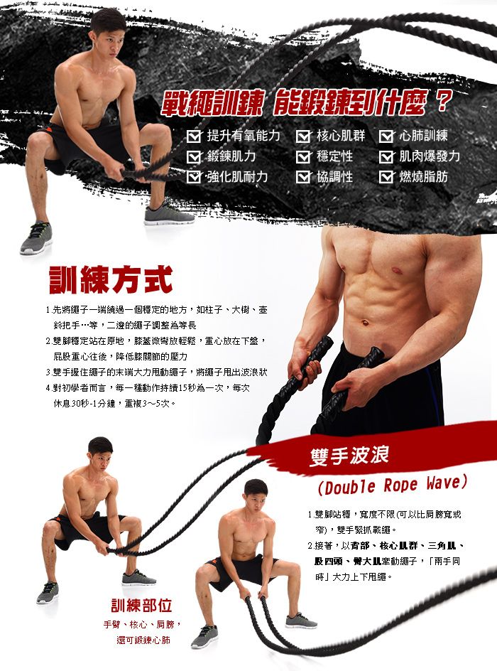 單戰訓 提升有氧能力 核心 心肺訓練鍛鍊肌力√ 穩定性√ 肌肉爆發力強化肌耐力 協調性 燃燒脂肪訓練方式1.先將繩子一端繞過一個穩定的地方,如柱子大樹壺鈴把手…等,二邊的繩子調整為等長2.雙腳穩定站在原地,膝蓋微彎放輕鬆,重心放在下盤,屁重心往後,降低膝關節的壓力3.雙手握住繩子的末端大力繩子,將繩子甩出波浪狀4.對初學者而言,每一種動作持續15秒為一次,每次休息30秒-1分鐘,重複3~5次。訓練部位手臂、核心、肩膀,還可鍛鍊心肺雙手波浪(Double Rope Wave)1.雙腳站穩,寬度不限(可以比肩膀寬或窄),雙手緊抓戰繩。2.接著,以部、核心肌群、、股四頭、臀繩子,「兩手同大力上下甩繩。