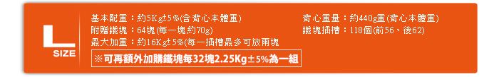 基本配重:約5Kg5%(含背心本體重)附贈鐵塊:64塊(每一塊約70g)背心重量:約440g重(背心本體重)鐵塊插槽:118個(前56後62)最大加重:約16Kg5%(每一插槽最多可放兩塊SIZE※可再額外加購鐵塊每32塊2.25Kg±5%為一組