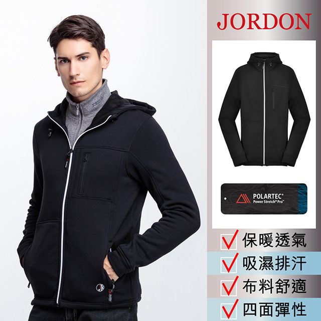 JORDON 橋登 男款 POLARTEC POWER STRETCH PRO 全開襟上衣 #779 黑色