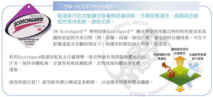 PROTECTEURSCOTCHGARDPROTECTOR  de3M3M SCOTCHGARD:吸溼排汗的功能讓您穿著時舒適涼爽污漬容易清洗,長期間衣物依然保持柔軟、顏色如新。3M Scotchgard™ 專利技術Scotchgard™ 撥水劑是利用氟化物的特性使皮革或織物表面對外來污物(例:灰塵、雨滴、油污…等)產生即時反撥效果。可在不影響透氣及美觀的情況下,保護布料顏色持久明亮,易清洗。利用Scotchgard吸濕快乾易處理劑,使衣物能有效排除身體流出的汗水,保持身體乾爽,容易被洗滌乾淨,衣物洗後持續保持柔軟、透氣。有效隔絕污物易清洗物維持良好的透氣性永遠只有吸濕排汗效果清洗時請注意!! 請勿使用漂白劑或是柔軟精, 以免傷害特殊材質或纖維。