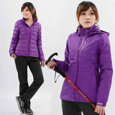 遊遍天下 二件式防風透濕外套+無縫JIS90拒水羽絨外套(紫色)