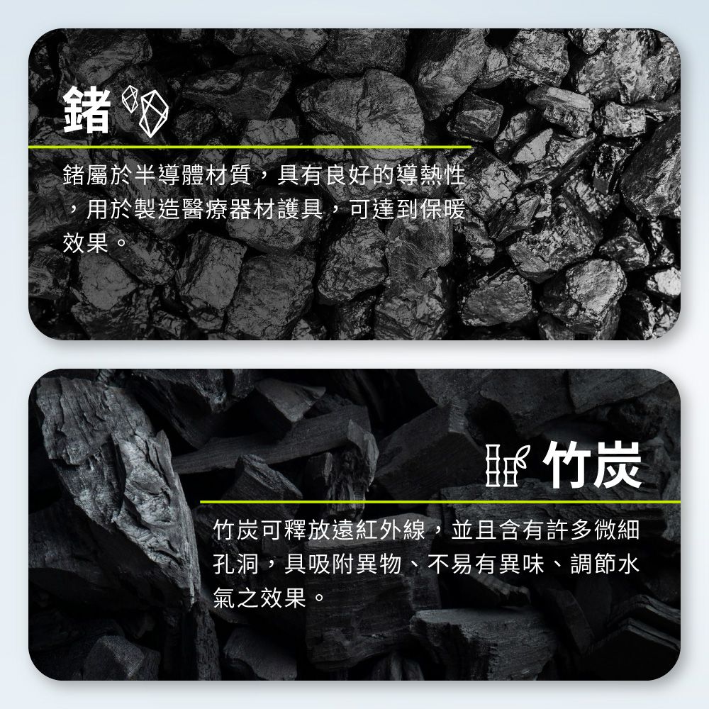 鍺!鍺屬於半導體材質具有良好的導熱性,用於製造醫療器材護具,可達到保暖效果。竹炭竹炭可釋放遠紅外線,並且含有許多微細孔洞,具吸附異物、不易有異味、調節水氣之效果。
