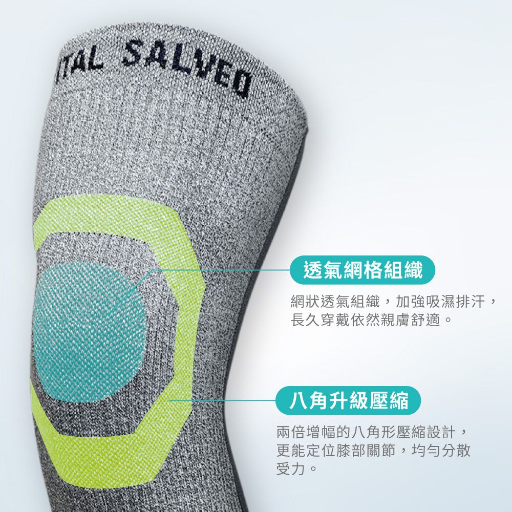 TAL SALVED透氣網格組織網狀透氣組織,加強吸濕排汗,長久穿戴依然親膚舒適。八角升級壓縮兩倍增幅的八角形壓縮設計,更能定位膝部關節,均勻分散受力。