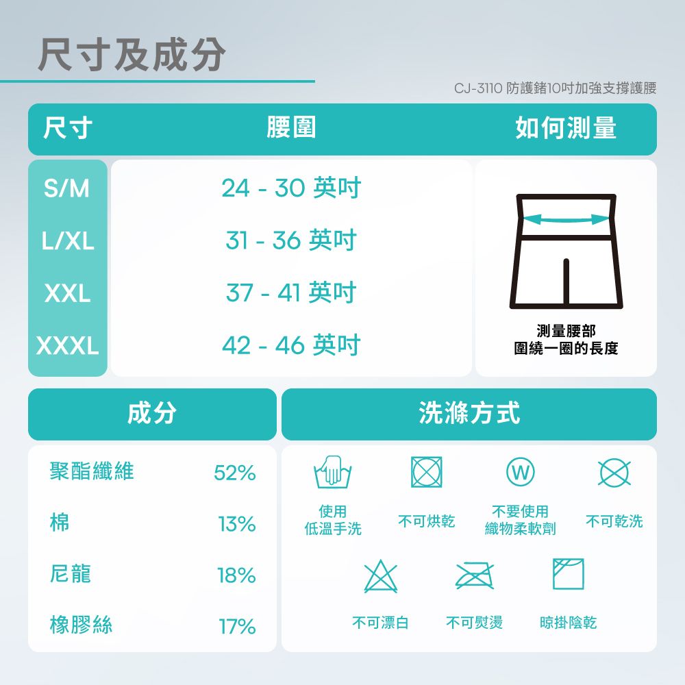 尺寸及成分尺寸腰圍CJ 防護10加強支撐護腰如何測量S/M24 - 30 英吋L/XL31 - 36 英吋XXL37 - 41 英吋測量腰部XXXL42-46 英吋圍繞一圈的長度成分洗滌方式聚酯纖維52%棉13%使用低溫手洗不可烘乾不要使用織物柔軟劑不可乾洗尼龍18%橡膠絲17%不可漂白 不可熨燙 晾掛陰乾