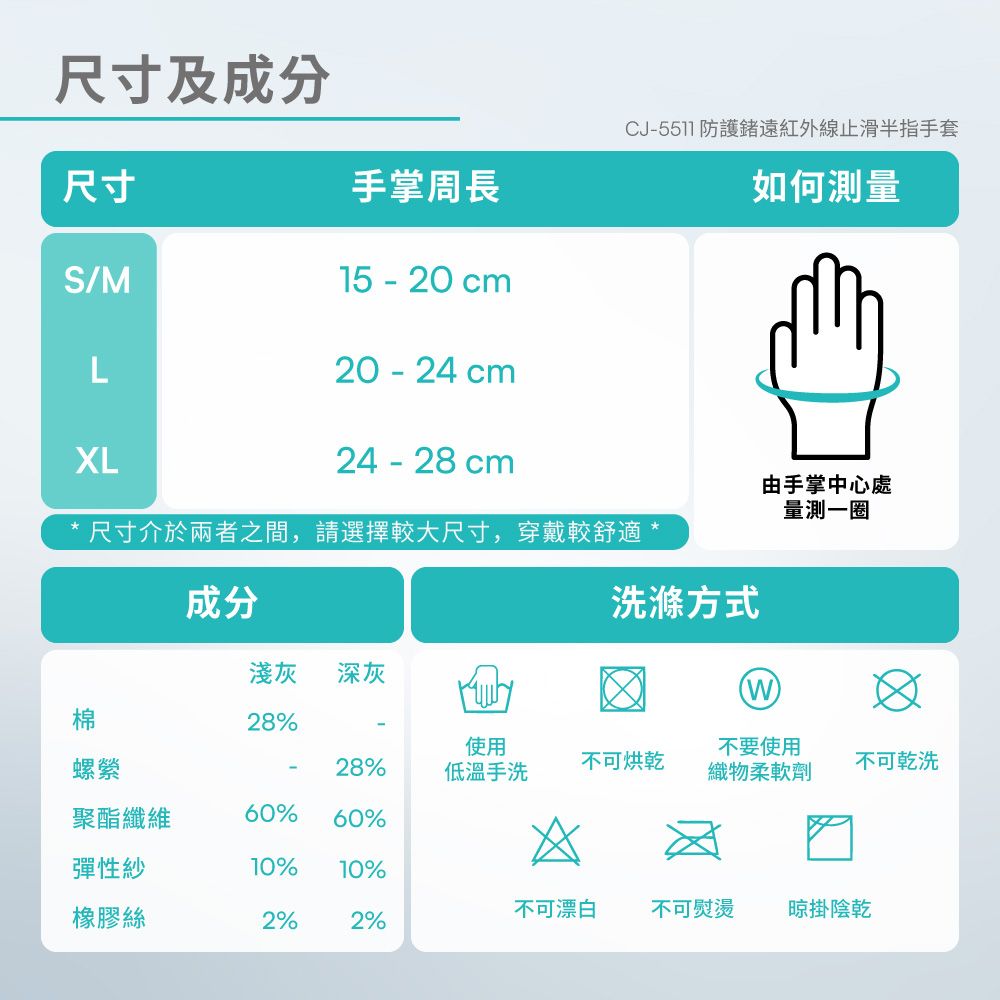 尺寸及成分尺寸CJ-5511 防護遠紅外線止滑半指手套手掌周長如何測量15 - 20 cmS/ML20 - 24 cmXL24-28cm尺寸介於兩者之間,請選擇較大尺寸,穿戴較舒適*由手掌中心處量測一圈成分洗滌方式淺灰 深灰棉28%使用螺縈28%不可烘乾低溫手洗不要使用織物柔軟劑不可乾洗聚酯纖維60%60%*彈性紗10% 10%橡膠絲不可漂白不可熨燙 晾掛陰乾2%2%