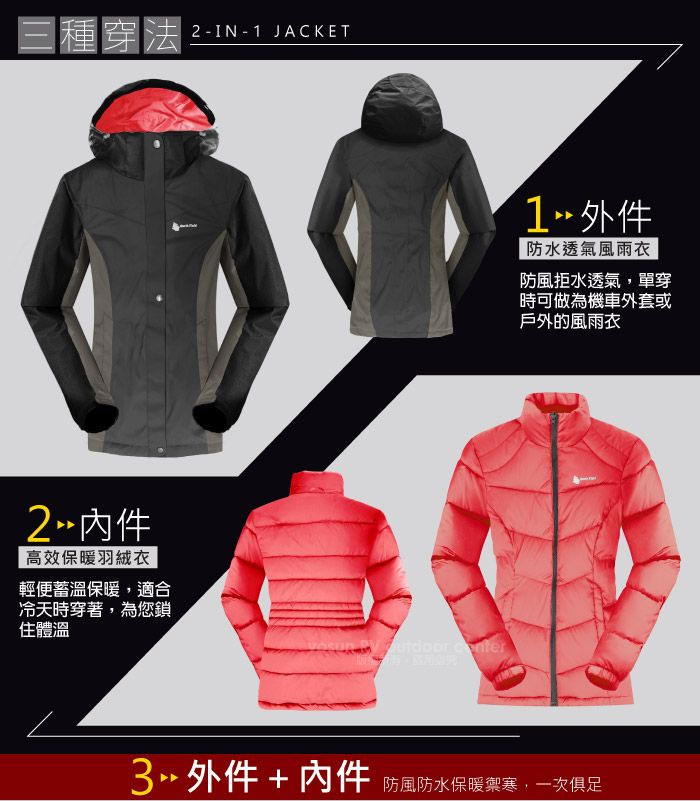 三種穿法2-IN-1 JACKET高效保暖羽絨衣輕便蓄溫保暖,適合冷天時穿著,為您鎖住體溫 防水透氣風雨衣防風拒水透氣,單穿時可做為機車套或戶外的風雨衣外+件 防風防水保暖,一次俱足