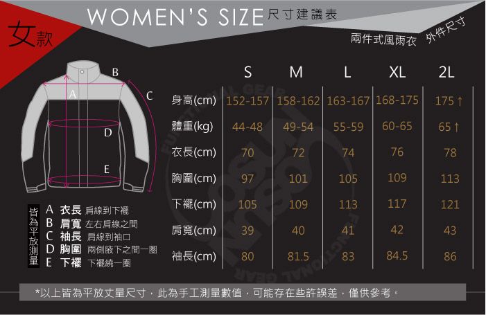 女款WOMN 尺寸建議表兩件式風雨衣 外件尺寸BSM LXL2L52-157身高(cm) 152-157 158-162 163-167 168-175175 D體重(kg)44-48 49-5455-59 60-6565 1衣長(cm)7072747678E胸圍(cm)97101105109113A 衣長 線到下襬下襬(cm)105109113117121B 肩寬 左右肩線之間肩寬(cm)39C 袖長 肩線到袖口40D 胸圍 兩側腋下之間一圈袖長(cm)E 下擺 下擺繞一圈8081.5*以上皆為平放丈量尺寸,此為手工測量數值,可能存在些許誤差,僅供參考。 4142438384.586