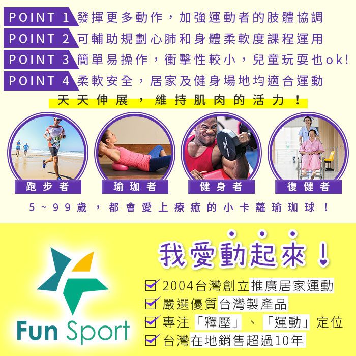 POINT 1 發揮更多動作,加強運動者的肢體協調POINT 2 可輔助規劃心肺和身體柔軟度課程運用POINT 3 簡單易操作,衝擊性較小,兒童玩耍也ok!POINT 4 柔軟安全,居家及健身場地均適合運動天天伸展,維持肌肉的活力!跑步者瑜珈者健身者復健者5~99 歲,都會愛上療癒的小卡蘿瑜珈球!我愛動起來! 2004台灣創立推廣居家運動 嚴選優質台灣製產品 專注「釋壓」 「運動」定位Fun Sport 台灣在地銷售超過10年