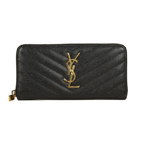 YSL 經典金屬LOGO魚子醬牛皮拉鍊式長夾(黑色)