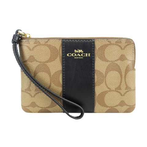 COACH 新款燙印馬車PVC直紋手拿包(卡其/黑)