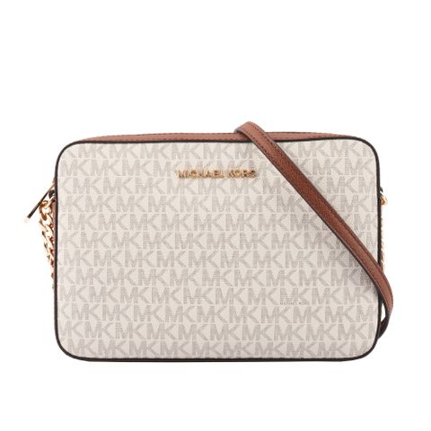 MICHAEL KORS 金字滿版LOGO拚色方形鏈帶斜背包(香草色/淺駝) 35F8GTTC3B VANILLA
