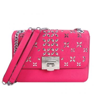 MICHAEL KORS TINA 花朵翻蓋鍊帶肩背/斜背包(中/覆盆莓粉)