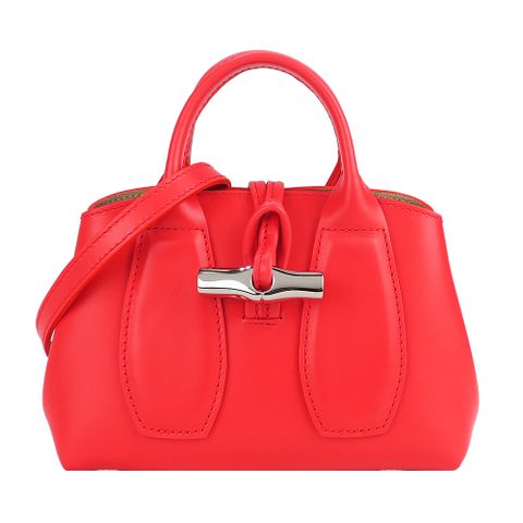 LONGCHAMP ROSEAU系列竹節滑面牛皮手提/斜背兩用包(小/罌粟紅)