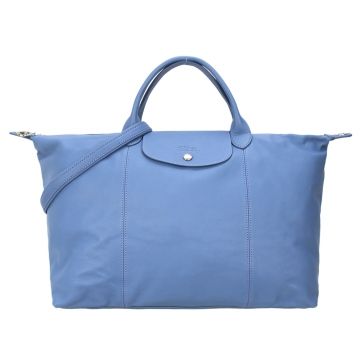 Longchamp Le Pliage Cuir 系列小羊皮短把折疊水餃包(大/薄霧藍)