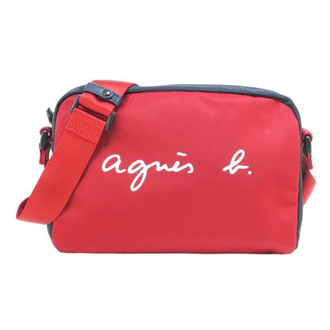 agnes b. 白色LOGO撞色尼龍斜背包-紅