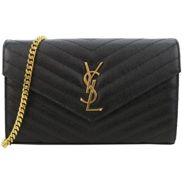 YSL MONOGRAM系列V字縫線魚子醬牛皮金屬LOGO金鍊斜肩/手拿包(黑)